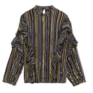 ZARA Exaggerated Ruffle Sequin Striped Blouse Top Multicolored Shirt